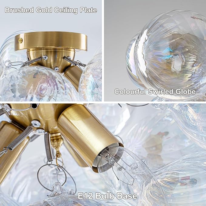 Semi Flush Mount Ceiling Light 18.5"-Glass Bubble Chandelier Lighting Modern Hallway Light Fixtures Brushed Gold with 13 Swirled Colorful Globe for Dining Room Kitchen Bathroom Entryway Bedroom