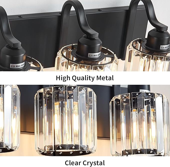 Black Crystal Bathroom Vanity Lights Fixtures 6 Light Over Mirror Modern Matte Black Bath Wall Lights with Round Shade (Exclude Bulb)