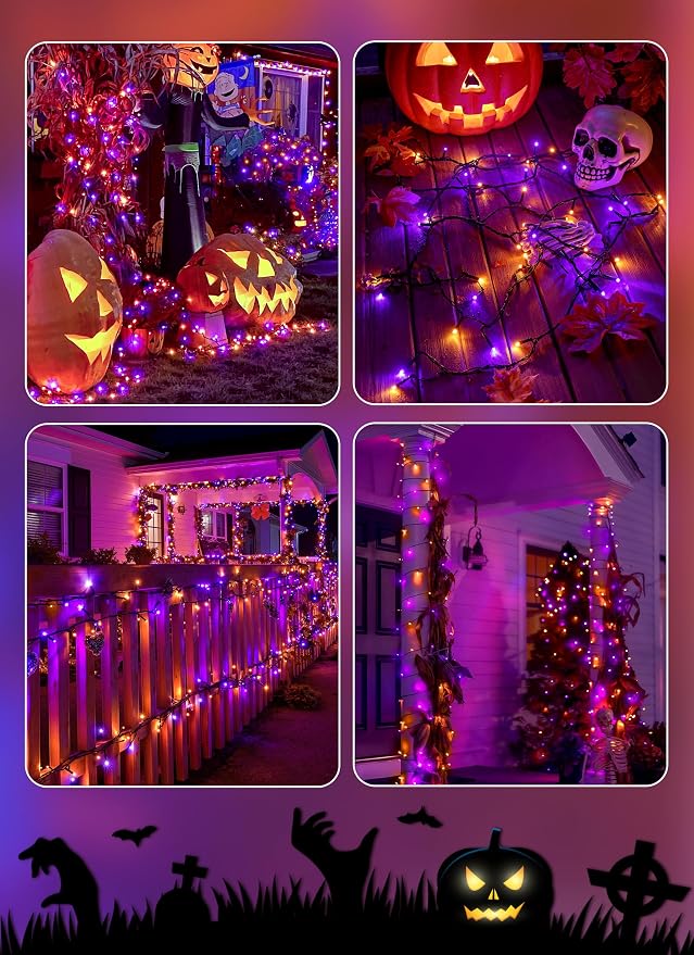Brightown 4 Pack Solar Halloween String Lights, Total 184FT 480 LED Solar Lights Outdoor Waterproof Black Wire with 8 Modes, Solar Fairy Light for Garden Yard Patio Party Decors, Orange and Purple