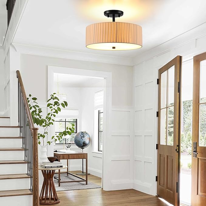 13.8 Inch Semi Flush Mount Ceiling Light Fixture, 3-Light Modern Farmhouse Drum Pendant with Fabric Shade for Bedroom Hallway Entryway Living Room (Oatmeal Pinch Pleated+Black)