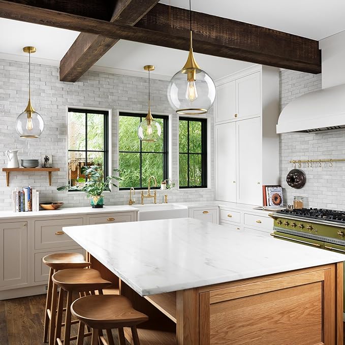 Pendant Lights Kitchen Island: Brushed Gold Light Fixture Farmhouse with Clear Glass - 10 Inch Mid Century Globe Kitchen Lighting Fixtures Ceiling for Dining Room