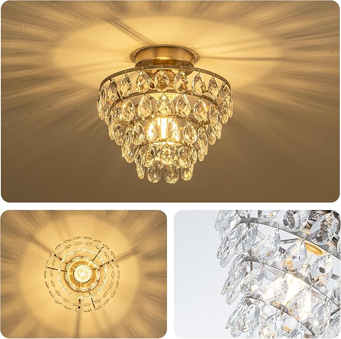 Mayful Modern Crystal Ceiling Light Fixture Chrome Semi Flush Mount Ceiling Chandelier Mini Ceiling Light for Hallway Bedroom Bathroom Living Room E26