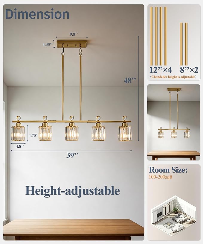 Modern Dining Room Light Fixture Over Table, Crystal Pendant Lights Kitchen Island, Chandeliers for Dining Room Kitchen Light Fixtures (E26) 5-Light Gold
