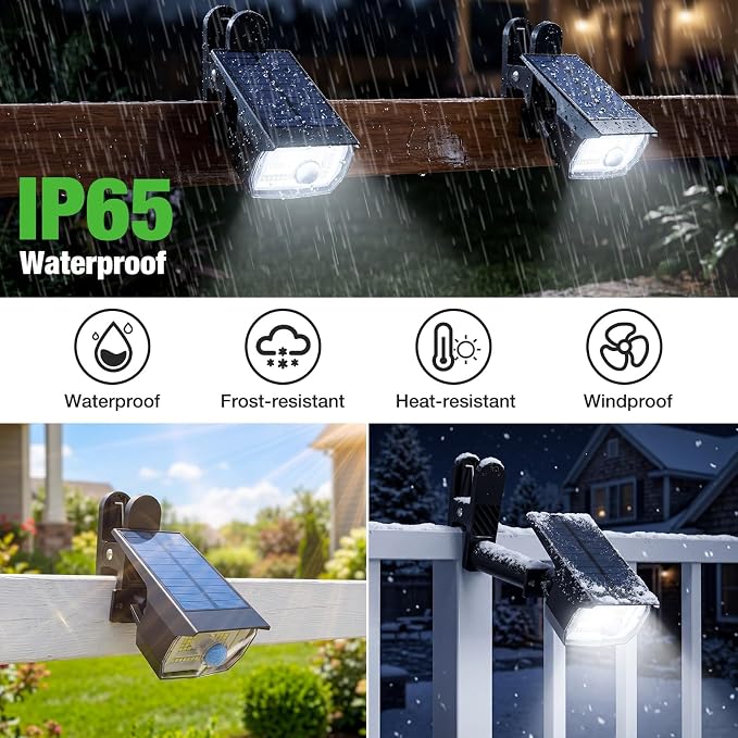 nipify 2 Pack Clip On Solar Lights Outdoor, Motion Sensor Lights with 3 Modes, 2-in-1 Solar Security Light Waterproof for Outside Fence, Deck, Gutter, Pathway