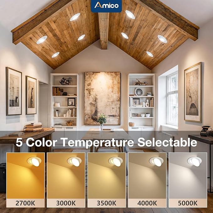 Amico 12 Pack 3 Inch 5CCT Gimbal LED Recessed Lighting, 360°&90°Adjustable Eyeball Directional Downlight, Dimmable, 2700K/3000K/3500K/4000K/5000K Selectable, 8W 600LM CRI90+, White, ETL&FCC