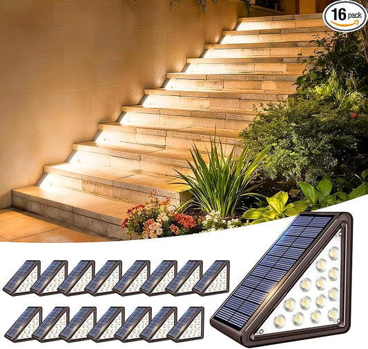 JEJOT Solar Step Lights Outdoor Waterproof IP65,Warm White Brown Solar Stair Lights, Outdoor Light Decor for Stair, Deck, Step, Porch and Outside Patio, 16 Pack