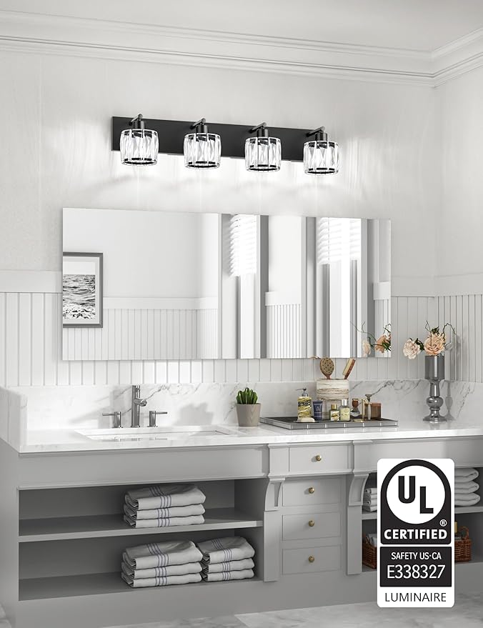 VOLISUN Crystal Vanity Lights for Bathrooms, 4 Light Bathroom Vanity Light, Modern Matte Black Bathroom Light Over Mirror, Black Bathrooms Lights Fixtures-UL Certificated(Exclude Bulb)