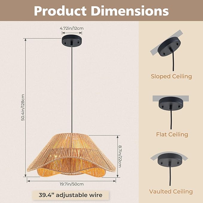 LumStory 19.7” Rattan Pendant Light Fixture Boho Farmhouse Woven Rattan Chandelier for Dining Room, 3-Light Large Bohemian Rustic Wicker Ceiling Hanging Lamp Over Table for Kitchen Island, Living Room