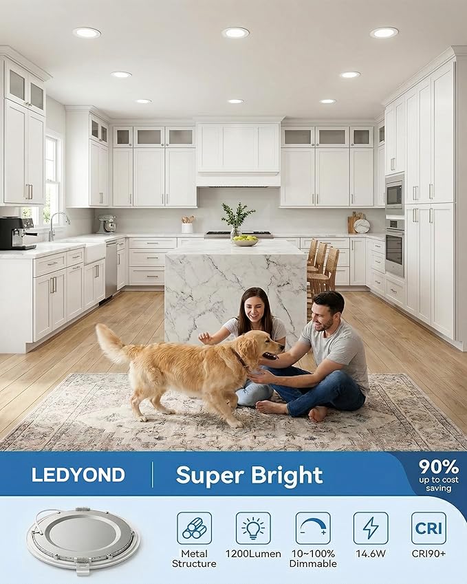 LEDYOND 6 Inch Recessed Lightings 12 Pack, 1200LM Ultra-Thin LED Wafer Downlights with Metal Frame, Iron Junction Box, 5CCT Selectable 2700-5000K, CRI90 Dimmable Canless Ceiling Light, Energy Star