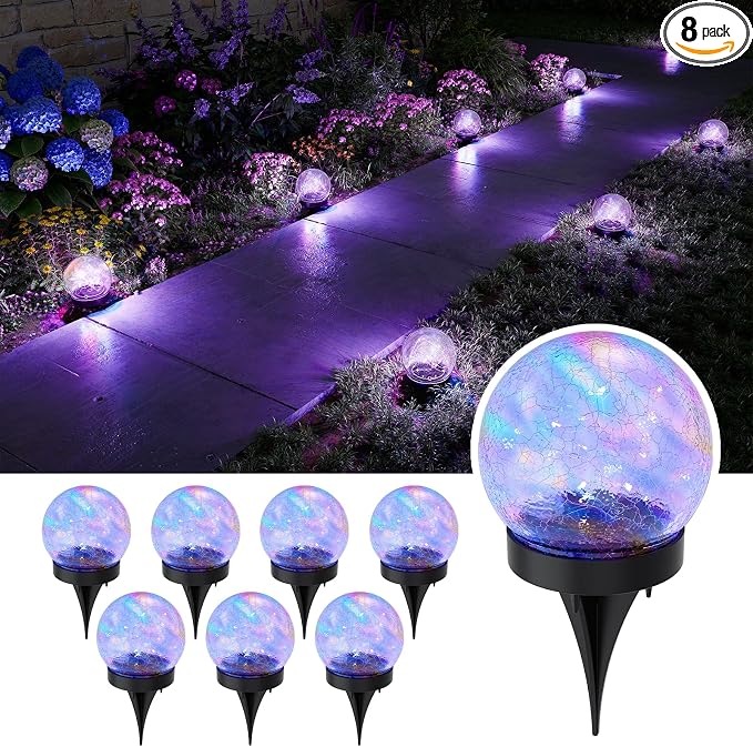 8 Pack Multicolor Solar Powered Cracked Glass Ball Lights Outdoor Waterproof LED RGB Ambiance Orbs Lamps for Outside Garden, Patio, Table, Walkway, Stairs, Lawn, Landscape Decor with Durable Stakes