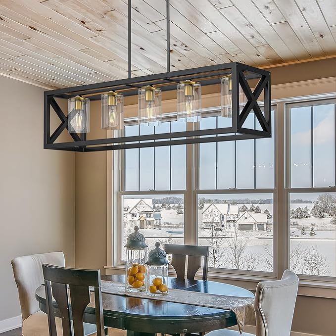 Espird Black Gold Dining Room Light Fixture - 5 Light Chandeliers for Dining Room with Clear Glass Shade & Adjustable Height & Thickened Metal Rectangle Dining Table Light Fixture