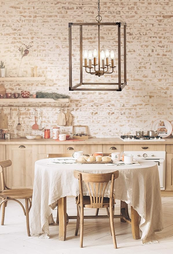 JONATHAN Y 12" Brown/Oil Rubbed Bronze Rustic Farmhouse 4-Light LED Pendant, Adjustable Iron Lantern Chandelier for Kitchen Island, Barnwood Wood Grain Finish JYL7475A