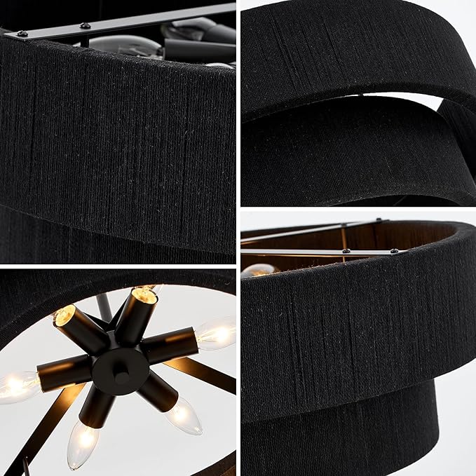 20” Black Hand Woven Rattan Chandelier Boho Pendant Light Adjustable Modern Pendant Light for Kitchen Island Dining Living Room, UL Listed