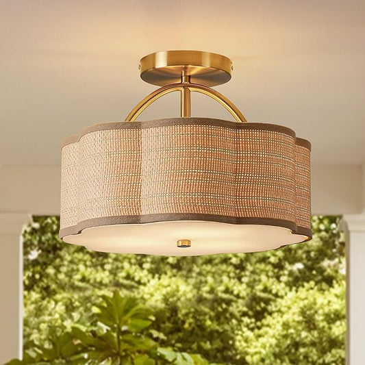 13" Rattan Semi Flush Mount Ceiling Light 3-Light Boho Mini Chandelier Ceiling Light Flush Mount for Hallway,Entrance,Kitchen,Bathroom,Bedroom,Living Room