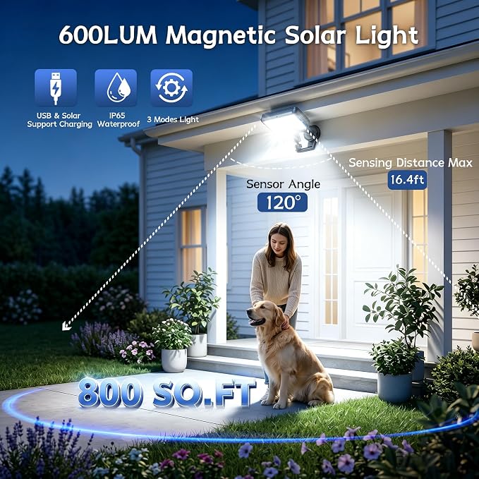 Akynite Magnetic Solar Lights Outdoor, 92LED 600LM Solar Security Light with Motion Sensor, IP65 Waterproof RV Exterior Lights with 4 Lighting Modes USB Charge for Deck Patio Camper Exterior Wall
