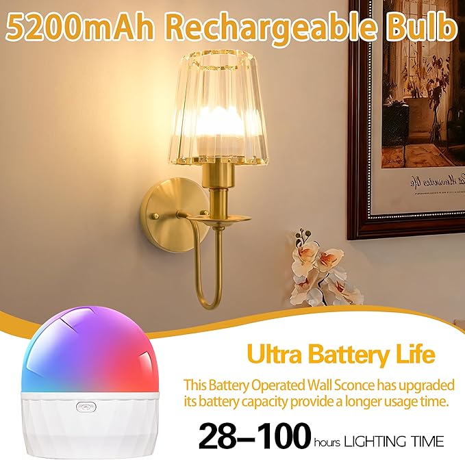 Battery Operated Wall Sconces Set of 2 – 5200mAh Rechargeable Gold Crystal Glass, 15 Colors & 10-Level Dimmable, Wireless Wall Lights for Living Room & Bedroom
