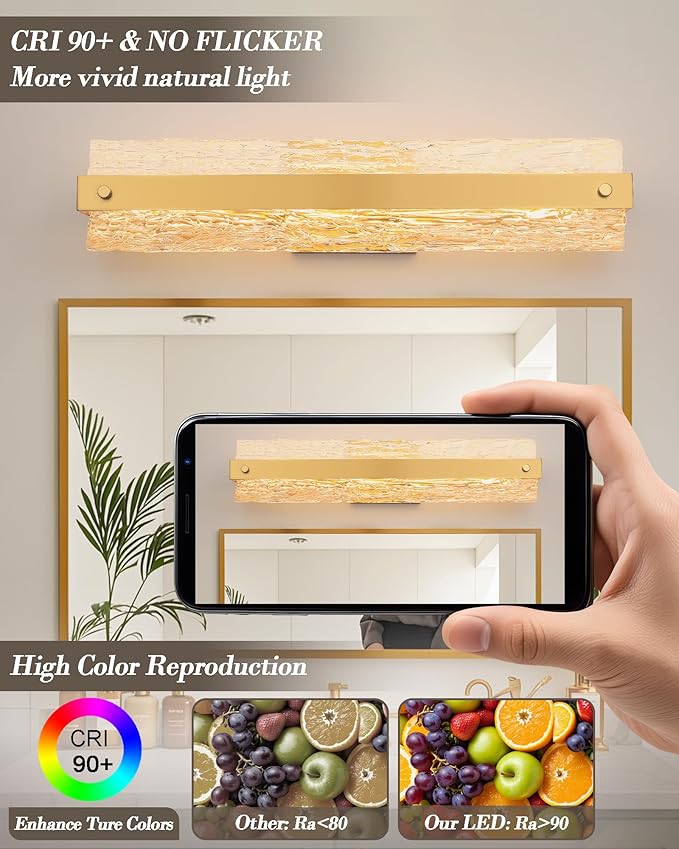 Brushed Gold LED Bathroom Vanity Light, 24.4 Inch 15W Modern Dimmable Bathroom Light Fixture Over Mirror, Crystal Bar Wall Sconce Lighting for Bath, 3CCT, OS-MM5001-3BG