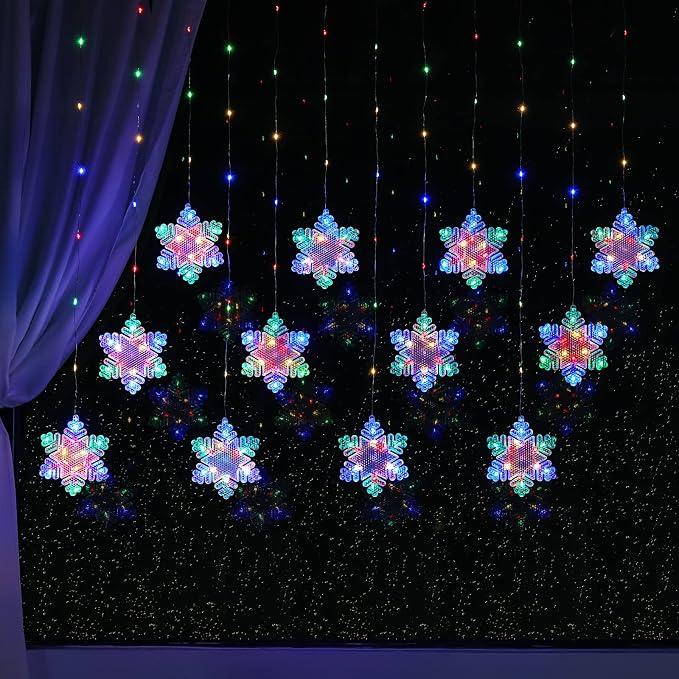 BLOOMWIN Christmas Fairy Curtain Lights 9.8ft Snowflake Lights USB Christmas Indoor Decorations 204LEDs Twinkle Lights with Remote for Bedroom Xmas - Colorful
