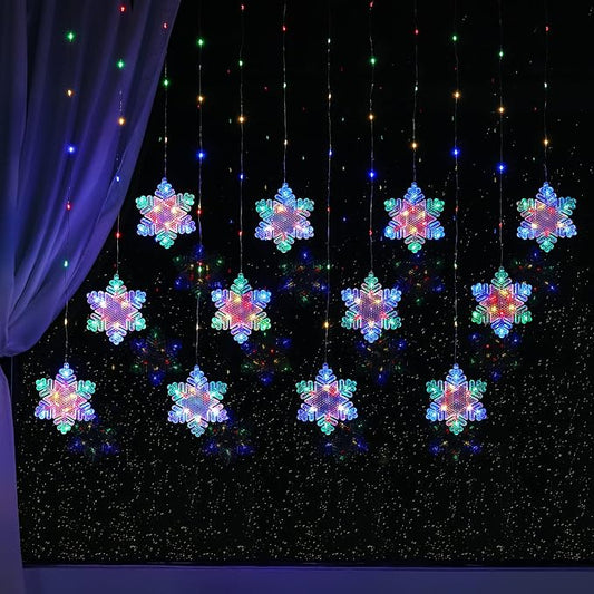 BLOOMWIN Christmas Fairy Curtain Lights 9.8ft Snowflake Lights USB Christmas Indoor Decorations 204LEDs Twinkle Lights with Remote for Bedroom Xmas - Colorful