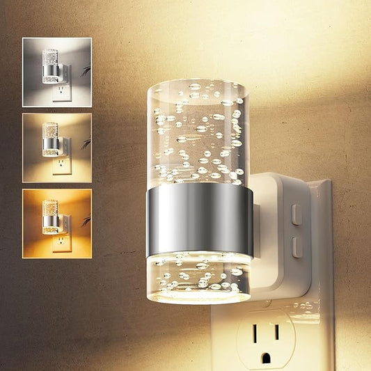 L LOHAS LED Night Lights Plug into Wall, Dimmable Night Light with Dusk-to-Dawn Sensor, Soft White/Cool White/Amber 3 Color Light, Adjustable Brightness, Rotatable Plug, Bubble Nightlight for Hallway