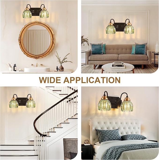 Vintage Bathroom Vanity Light, 2 Light Bathroom Lighting Fixtures Over Mirror, Mid Century Style Farmhouse Light Fixtures with Green Glass Shades, Black Finish Wall Mount for Bedroom , Living Room