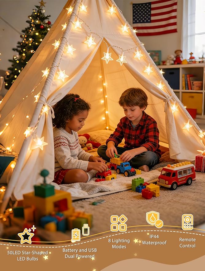 Star String Lights Battery&USB Powered,19FT 50LED Star Fairy Lights with Remote, Hanging Star Lights for Home, Kids Tent, Bedroom,Porch, Classroom, Christmas,Party,Room Decor,Warm White