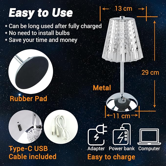 Cordless Table Lamp, 4000mAh Rechargeable Battery Operated Lamp, 3 Color Modes & Stepless Dimmable LED Touch Lamp, Portable Crystal Metal Beside Lamps for Bedroom Restaurant(Silver 2 Pack)