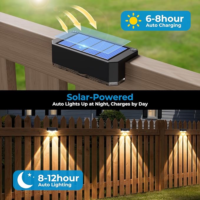 Peasur Solar Fence Lights Outdoor 6 Pack, Deck Light Solar Powered, Waterproof LED Step Lights for Railing Yard Patio Outside, Warm White