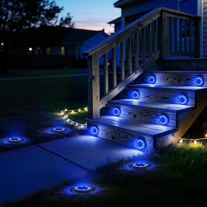 Joomer 2-in-1 Solar Lights Outdoor Waterproof Solar Powered Ground Lights | 8 Pack 8 LED Solar Garden Lights Disc Landscape Lighting for Patio Pathway Lawn Yard Driveway Walkway (Blue)