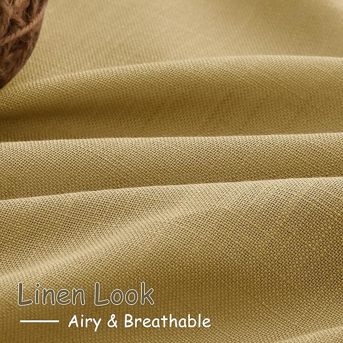 Gold Linen Curtains 90 Inch Long 2 Panels Set for Bedroom Living Room Linen Textured Window Drapes Semi Sheer Light Filtering Rod Pocket Back Tab Cotton Textured Farmhouse Curtain 52x90