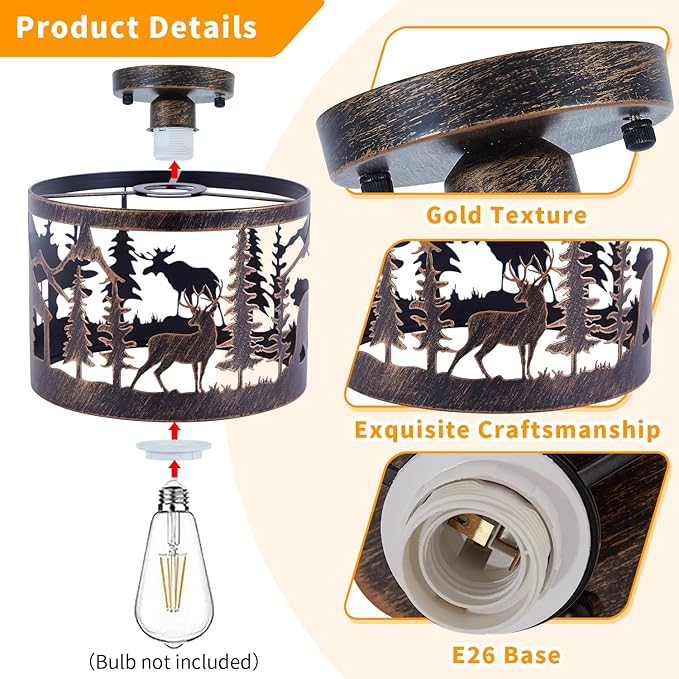 Rustic Semi-Flush Ceiling Light, 9.1" Black Metal Fixture with Deer, Bear & Cabin Design, Farmhouse Lighting with E26 Base for Bedroom, Living Room, Hallway, or Entryway