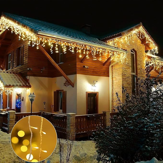 32.8ft 400 LED Icicle String Lights, 8 Modes Waterproof Icicle Christmas Lights Outdoor with Memory Function, Curtain Fairy Lights Hanging Decor for Home, Party, Christmas & Halloween (Warm White)