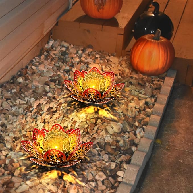 3 Pack Solar Garden Decor Lights Outdoor, Decorative Lotus Flower Solar Lights with Crackle Glass Globe, Waterproof Metal Solar Lights for Patio Yard Lawn Walkway Garden Decor