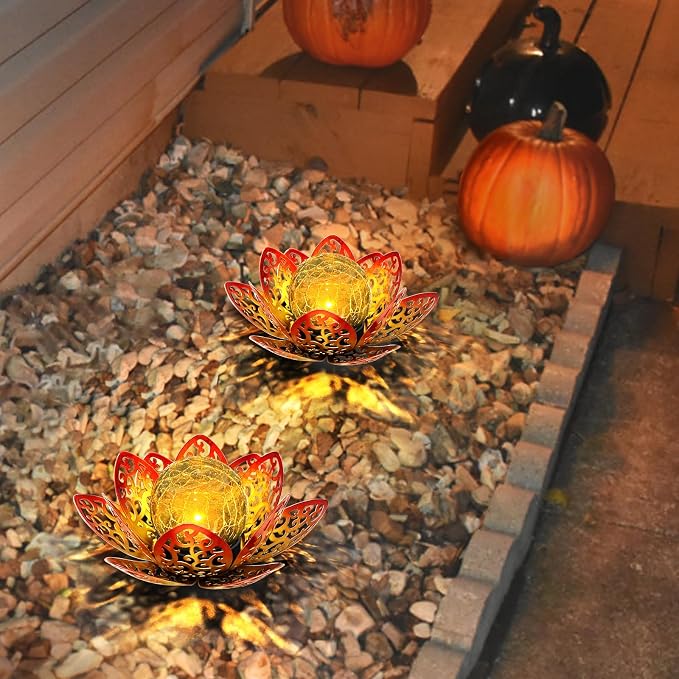 2 Pack Solar Garden Decor Lights Outdoor, Decorative Lotus Flower Solar Lights with Crackle Glass Globe, Waterproof Metal Solar Lights for Patio Yard Lawn Walkway Garden Decor