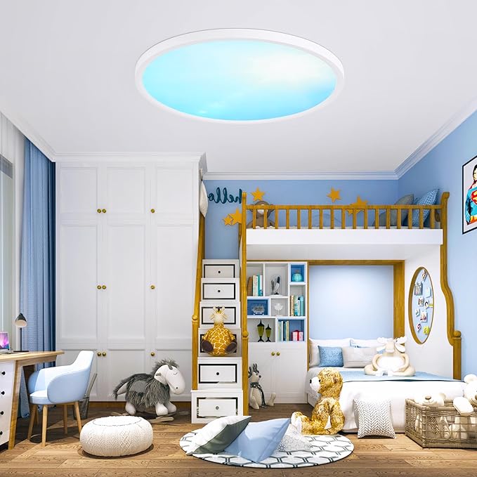 16 Inch Flush Mount Ceiling Light Fixture,24W Dimmable Ceiling Light with Remote, 3000K/4500K/6000K Adjustable White Ceiling Lights, Blue Sky LED Round Flat Panel Light for Kitchen, Bedroom