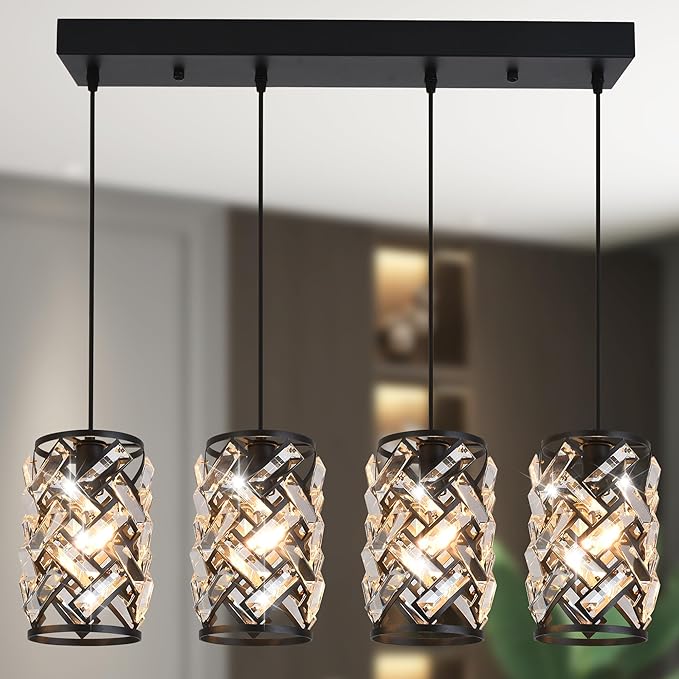 Pendant Lights Kitchen Island, 25.6” Modern Farmhouse Crystal Pendant Lighting, K9 Crystal Chandelier for Dining Room, Entryway & Bar, Adjustable Hanging Light Fixture (E26 Base, Bulbs Not Included)