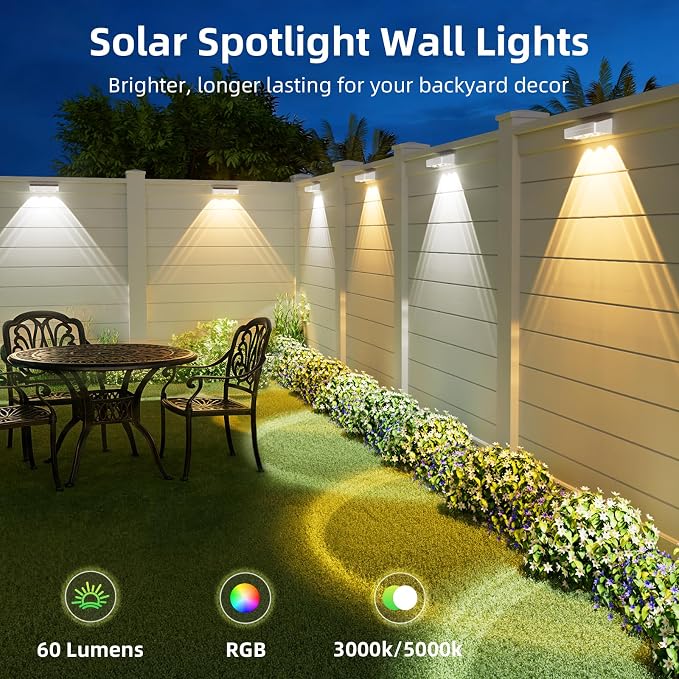 JOFIOS Solar Fence Lights with Remote 8 Pack, Color Changing RGB & Warm White, 12 Dynamic Modes, IP65 Waterproof, Solar Lights for Fence, Deck, Backyard, Patio Holiday & Party Decoration(White)