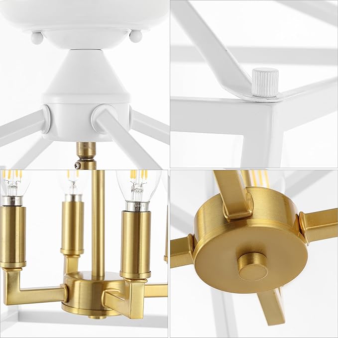 JONATHAN Y 12" White/Brass Gold Modern Farmhouse Pagoda 4-Light LED Semi Flush Mount Lantern, Metal Ceiling Light Fixture for Kitchen, Hallway, Entryway, Bedroom, Hardwired (JYL7610F)