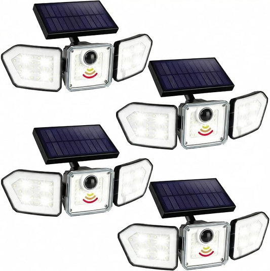 Bionic Flood Light 4 Pk Solar Lights Outdoor Waterproof, Ultra Bright 89 LEDs, 3 Heads Wide Angle Motion Sensor Outdoor Lights for Security, Wall, House, Spot Light, IP65 Waterproof – Stakes Included