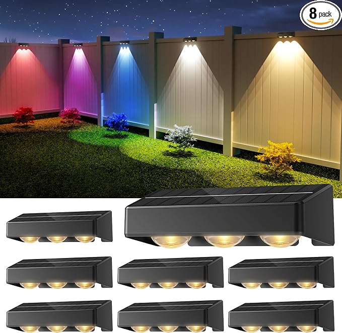 NIORSUN Solar Fence Lights,8 Pack Solars Deck Light,RGB Color,Outdoor Bulb Waterproof Led IP65,Power Patio Lamp with Lenses for Outside/Backyard/Railing/Yard(Black)