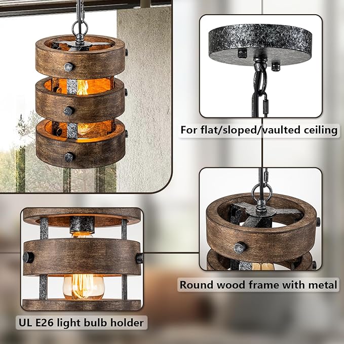 Farmhouse Wood Pendant Lights Kitchen Island, Dining Room Lighting Fixtures Over Table, Rustic Chandelier, Height Adjustable Hallway Light for Foyer Living Room Bar Restaurant