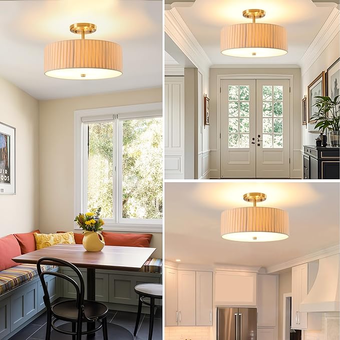 13.8 Inch Semi Flush Mount Ceiling Light Fixture, 3-Light Modern Farmhouse Drum Pendant with Fabric Shade for Bedroom Hallway Entryway Living Room (Oatmeal Pinch Pleated+Brushed Bronze)