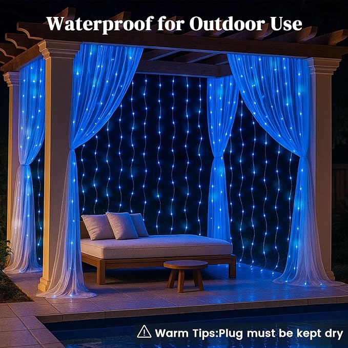 DomeStar 300 LED Fairy Curtain Lights, 9.8ft x 9.8ft Waterproof String Hanging Lights with 8 Modes Remote, Plug‑in Design for Bedroom Patio Garden Party Wedding Wall Ambient Decor (Blue)
