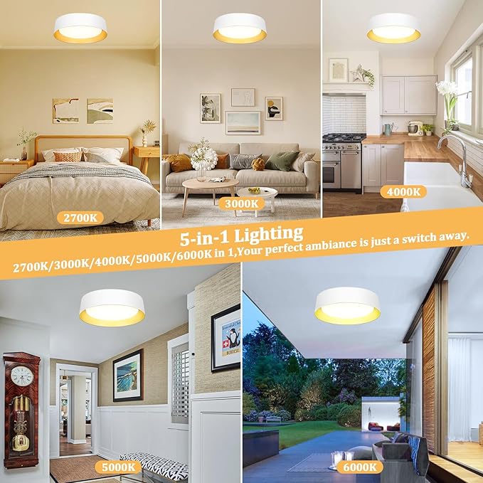 BrightHome 16in Flush Mount LED Ceiling Light, 30W(300W Equiv) 3000LM, 5CCT 2700K 3000K 4000K 5000K 6000K, Dimmable Modern Flush Mount Light for Bedroom, Bathroom, Hallway, White and Gold