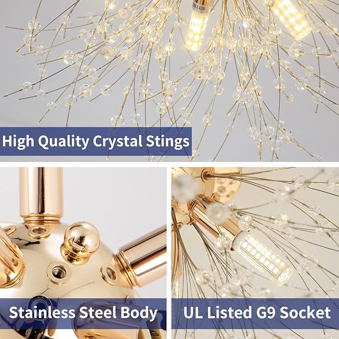 Modern Small Crystal Ceiling Light Fixture, 4-Light Gold Crystal Sputnik Firework Chandelier, Semi Flush Mount Ceiling Light Fixtures for Bedroom Kitchen Hallway Entryway Bathroom(H9.5'' x W17.7'')