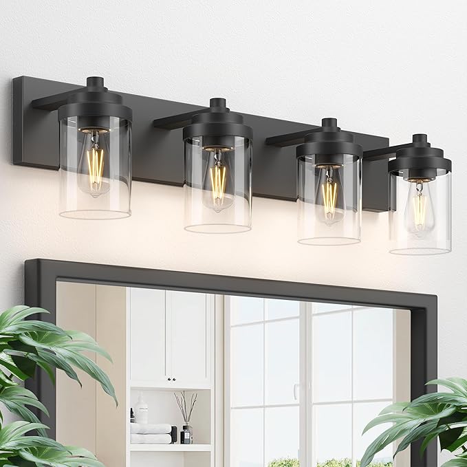 Bathroom Vanity Light Fixture, 4-Light Modern Black Vanity Light Fixtures with Clear Glass Shade, Matte Black Bathroom Light Fixtures Over Mirror, Rustic Restroom Lighting Fixtures