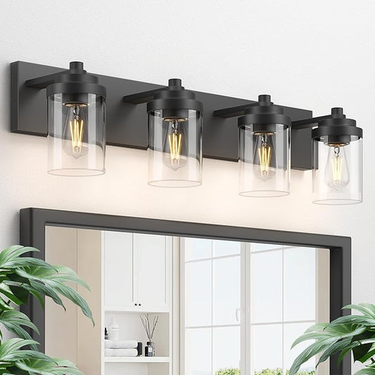 Bathroom Vanity Light Fixture, 4-Light Modern Black Vanity Light Fixtures with Clear Glass Shade, Matte Black Bathroom Light Fixtures Over Mirror, Rustic Restroom Lighting Fixtures
