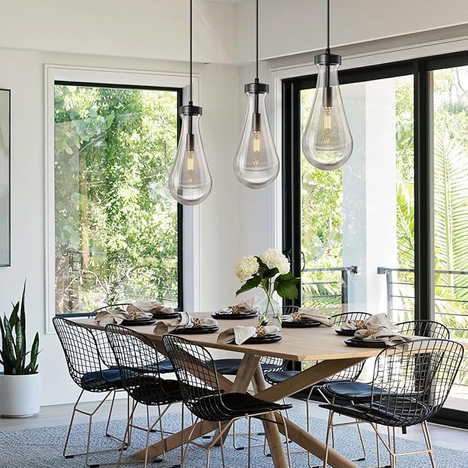 Raindrop Pendant Lights Kitchen Island Set of 3 Teardrop Black Hanging Light Fixtures Clear Solid Glass Pendant Light Modern Chandeliers for Dining Room Porch Corridor Living Room