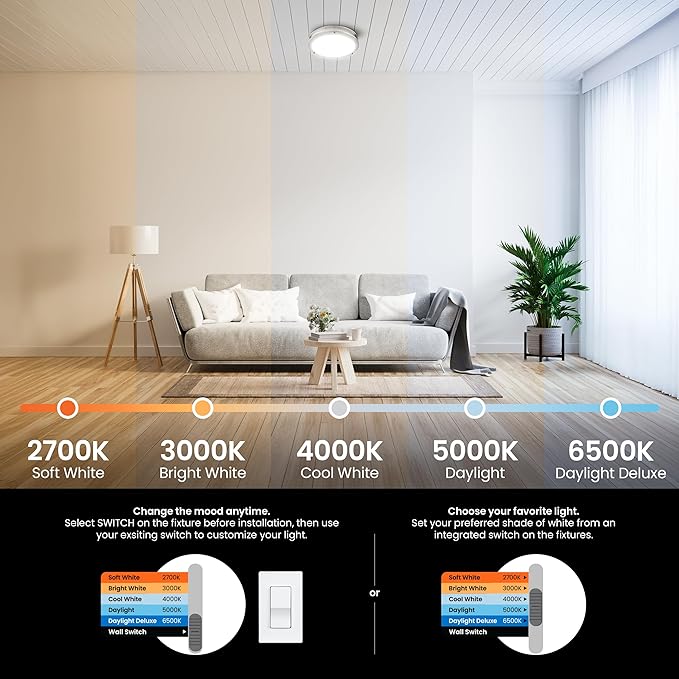 Feit Electric 14" Adjustable White LED Ceiling Light, Dimmable Flush Mount Fixture, Brushed Nickel Finish, 5 Color Temperatures, 1750 Lemens, 50,000-Hour Lifespan, FM14SAT/6WY/NK