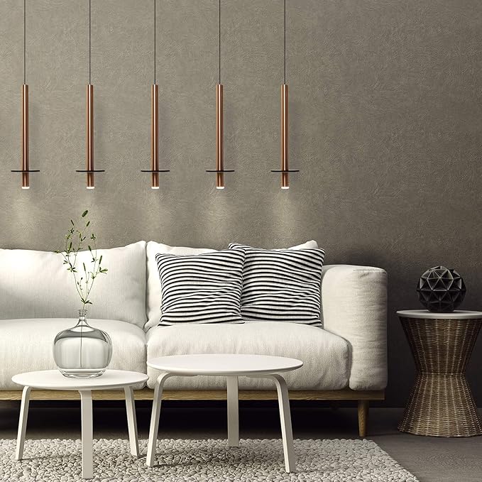 Draco 5 Pendant Lighting Copper – LED Hanging Light Fixture for Kitchen Island, Bar, Foyer – Equilateral Cluster of Mini Metal Rod Pipe Tube Cylinders – Dimmable, Adjustable Wire, Lamp Bulb Included